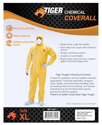 Tiger Tough Chemical Protection Coveralls - Hazmat Suits with Hood & Zipper – Durable Yellow Chemical Suit for Industrial Use, Large, 1-Pack - Thumbnail 5