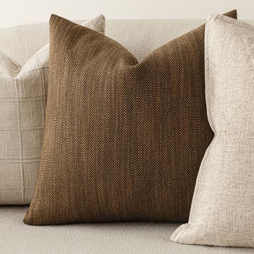 Image of Foindtower Set of 2 Decorative Textured Burlap Linen Throw Pillow Covers Farmhouse Boho Cushion Cover Solid Accent Pillowcase for Couch Sofa Bed Living Room Home Decor,18x18 Inch,Golden Brown