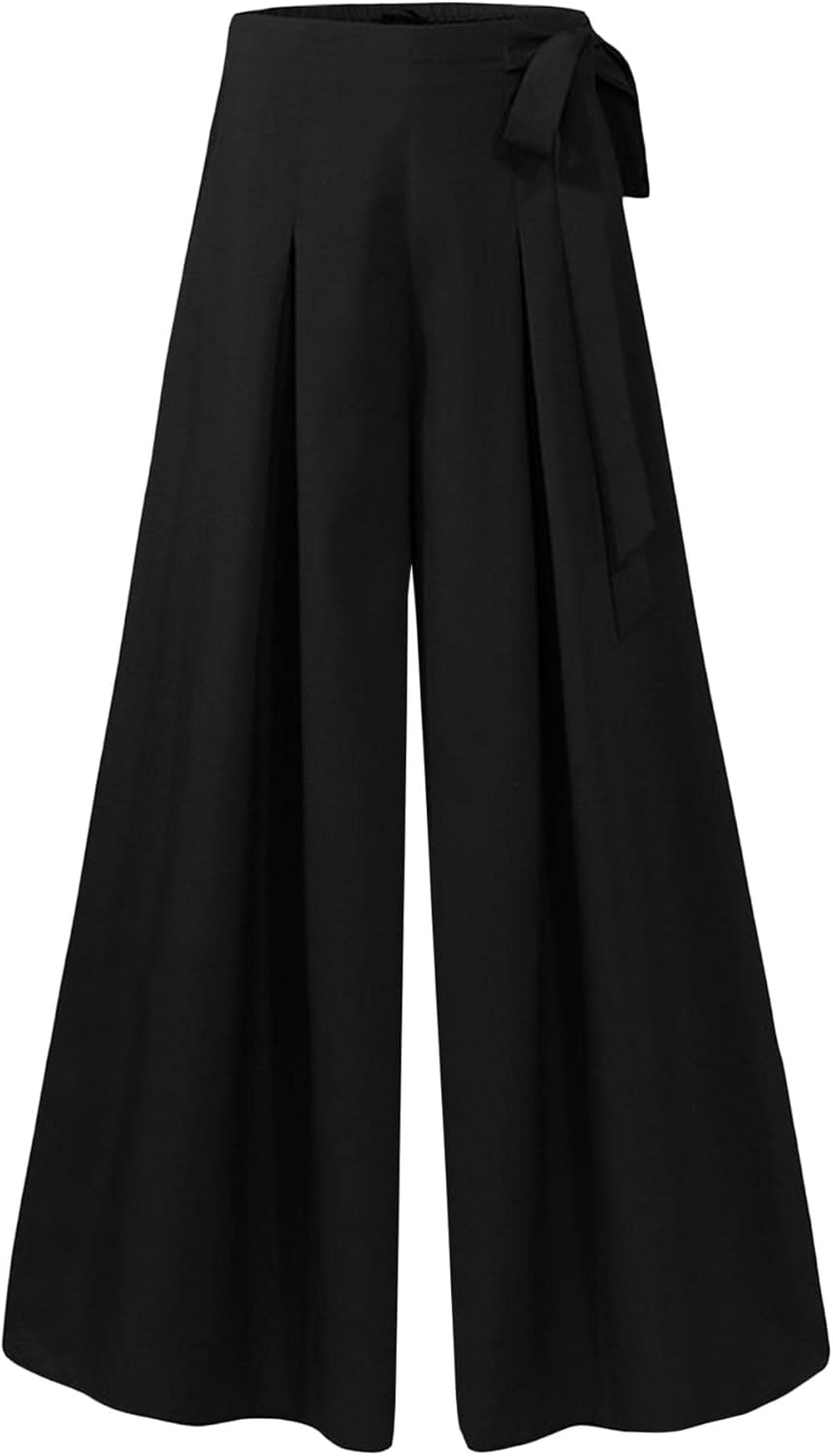 SEMATOMALA Women's Side Knot Tie Waist Wide Leg Long Pants Pleated High Waist Full Length Elegant Work Wear Palazzo Pants - Image 3