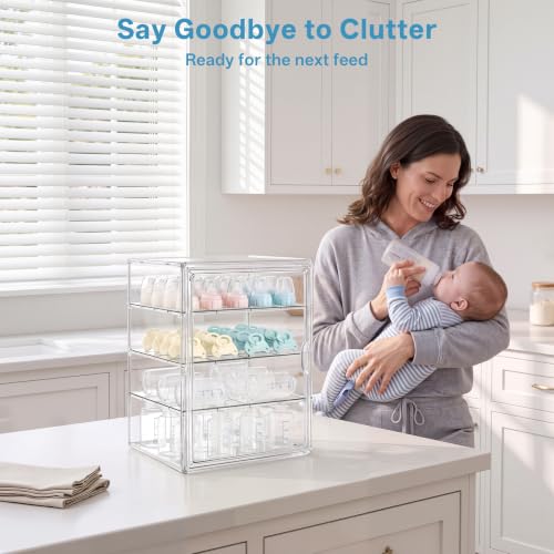 Image of HBlife Baby Bottle Storage Organizer for Countertop Cabinet, 4 Tiers Adjustable Clear Acrylic Bottles Storage Station Case Box Container with 3 Removable Dividers and Magnetic Door, X-Large