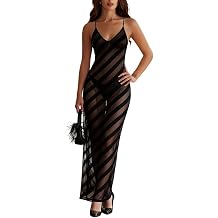 Dress for Women Luxe Sheer Mesh Maxi Dress V Neck Striped Nightgown Lightweight See Through Cover Up for Beach, Lounge