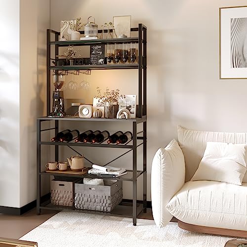 6 Tier Kitchen Bakers Rack With Wine Storage, Microwave Oven Stand, Coffee Bar, Kitchen Hutch Shelf With 4 Hooks And Wine Glass Holder Free Standing Utility Storage Shelf Rack Organizer, Ash Gray #TOP3