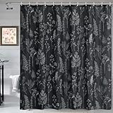 Estmy Vintage Botanical Linen Shower Curtain for Bathroom in Black and White, Heavy Duty 180GSM Textured Fabric Shower Curtain Set Cute Plant Leaves Design, Modern Farmhosue Boho Floral Bathroom Decor