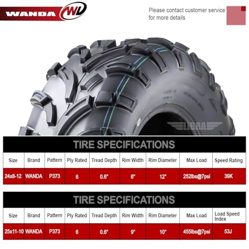 Image of WANDA UTV ATV Tires 24x8-12 Front & 25x11-10 Rear /6PR P373 Lit Mud