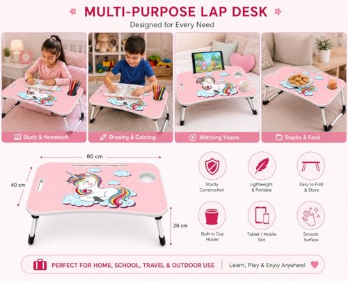 Image of Foldable Laptop Table for Bed with Cup Holder & Tablet Slot, Pink Unicorn Theme Portable Study Table for Kids & Adults, Multipurpose Breakfast Bed Desk for Work, Reading & Drawing