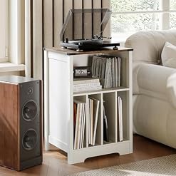 ChooChoo Record Player Stand, Vinyl Record Storage Cabinet, Turntable Stand Holds up to 160 Albums, Record Player Table Display Shelf for Living Room, Bedroom, Office, Rustic White - Les Beatles, Paul McCartney, John Lennon, RIngo Starr, George Harrison