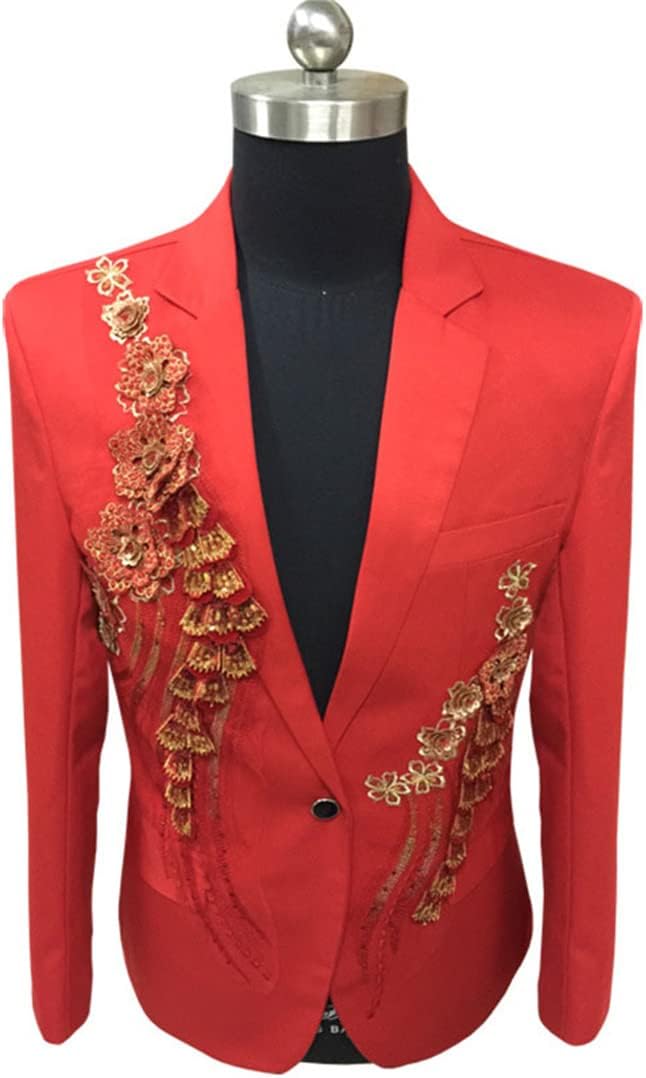 Floral Sequin Embroidery Suit Jacket Men Wedding Groom Tuxedo Suit Blazers One Button Peak Lapel Stage Costume