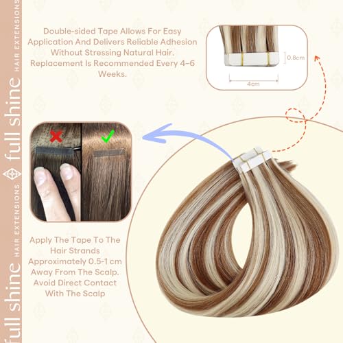 Image of Full Shine Human Hair Tape in Extensions, Ginger Blonde Mix 22 Inch | 50g 20PCS Invisible Double Sided Hair Extensions Tape in, Seamless Straight Bouncy Blowout Natural Styling Full Ends