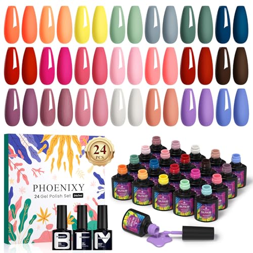 Phoenixy 24Pcs U V Nagellack, 21 Farben U V Nagellack Set mit Unterlack und Überlack, Gel Nägel Set Kit Uñas
