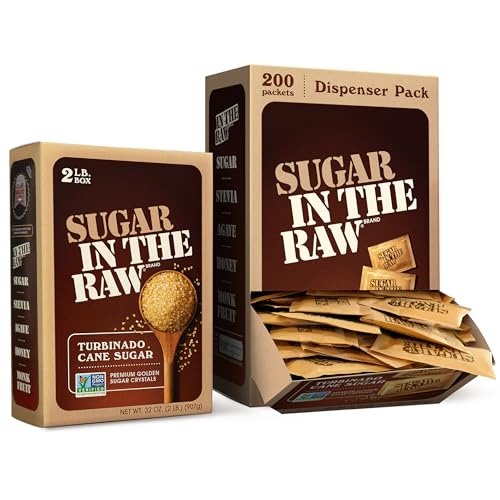 In the Raw Turbinado Sugar Bundle &ndash; 2 Lb Box + 200 Cane Sugar Packets, Less-Refined, Natural Sugar, Caramel