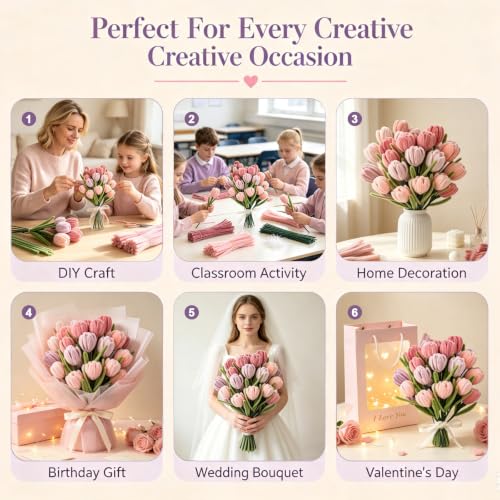 Beyinkoy Pipe Cleaners Craft Kit, 400 PCS Handmade Artificial Flower Making Set, Chenille Stems Craft Supplies with Floral Tape, Ribbon, Stems & Stamens for Arts & Craft (Pink) - Image 2
