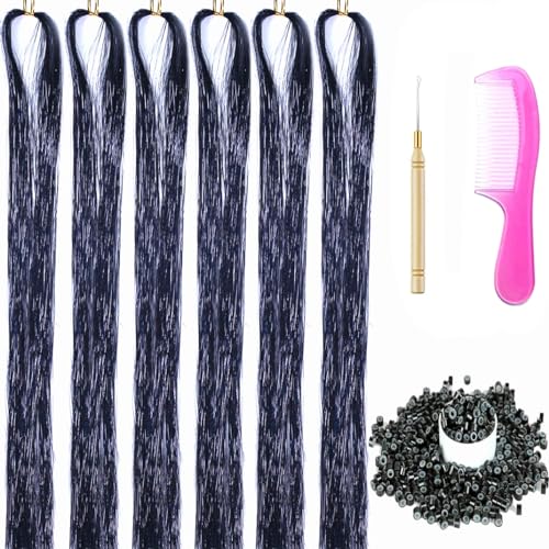 6 Packs Hair Extensions Tinsel Kit 1200 Strands Tinsel Hair Extensions for Women Heat Resistant Glitter Fairy Hair Accessories for Christmas (Black)