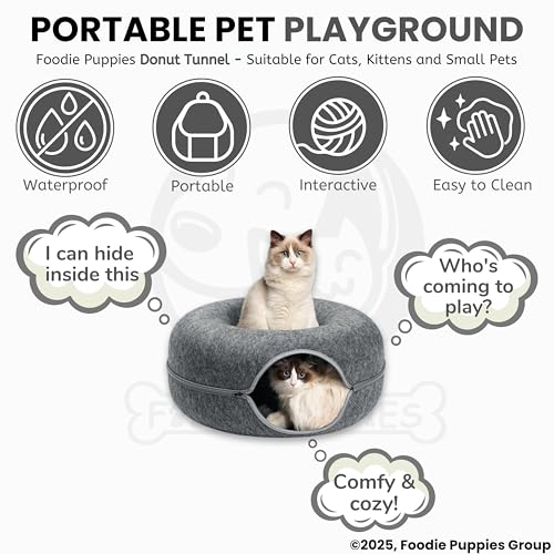 Image of Foodie Puppies Interactive Cats Removable Cave Tunnel with Zipper (Dark Grey, Donut-Shape Tunnel) | Detachable & Spacious Play and Rest Hideout Puzzle Training Cave for Cat, Kitten and Small Animals