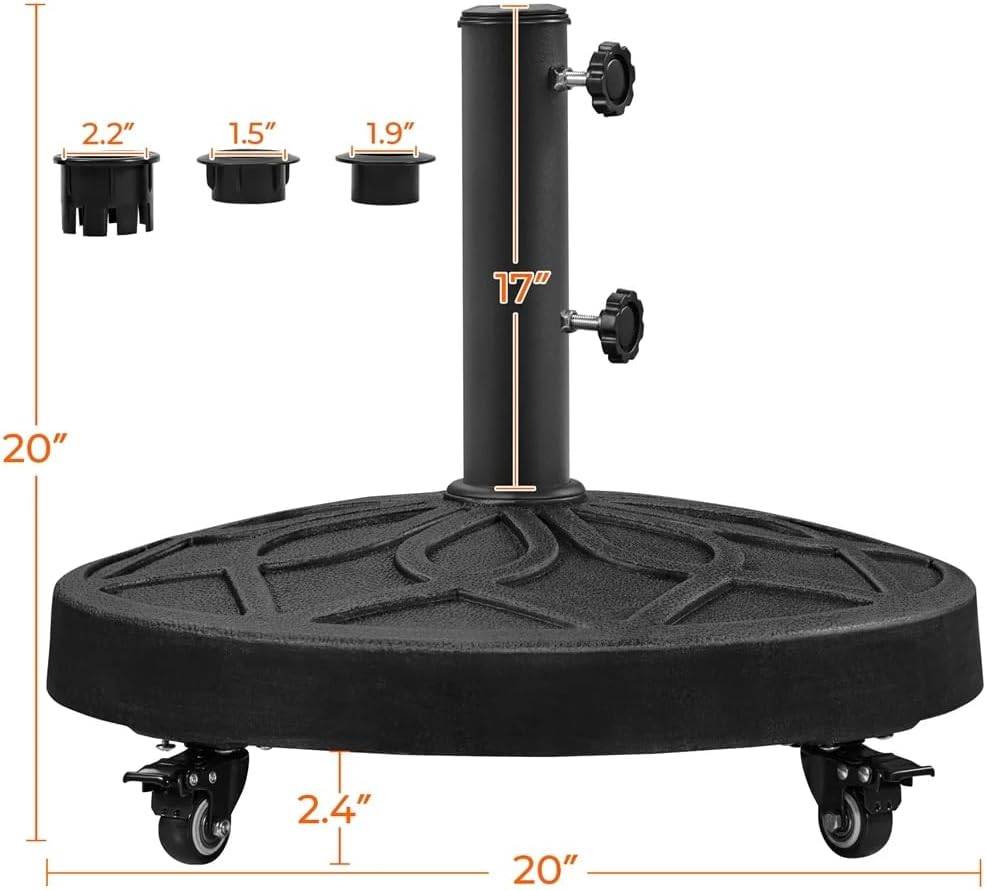 46 lb Heavy Duty Umbrella Base Stand, All-Weather Resin & Iron Construction, 20" Round Base with Lockable Castors, 1.9" Hole Size, Retro Textured Design for Patio Outdoor Table, Black