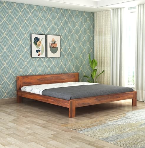 Image of Wooden King Size Bed Without Storage | Wooden Double Bed Cot Bed for Bedroom Furniture | Palang Double Bed for Hotels | Basic Headboard | Solid Sheesham Wood | Honey Finish