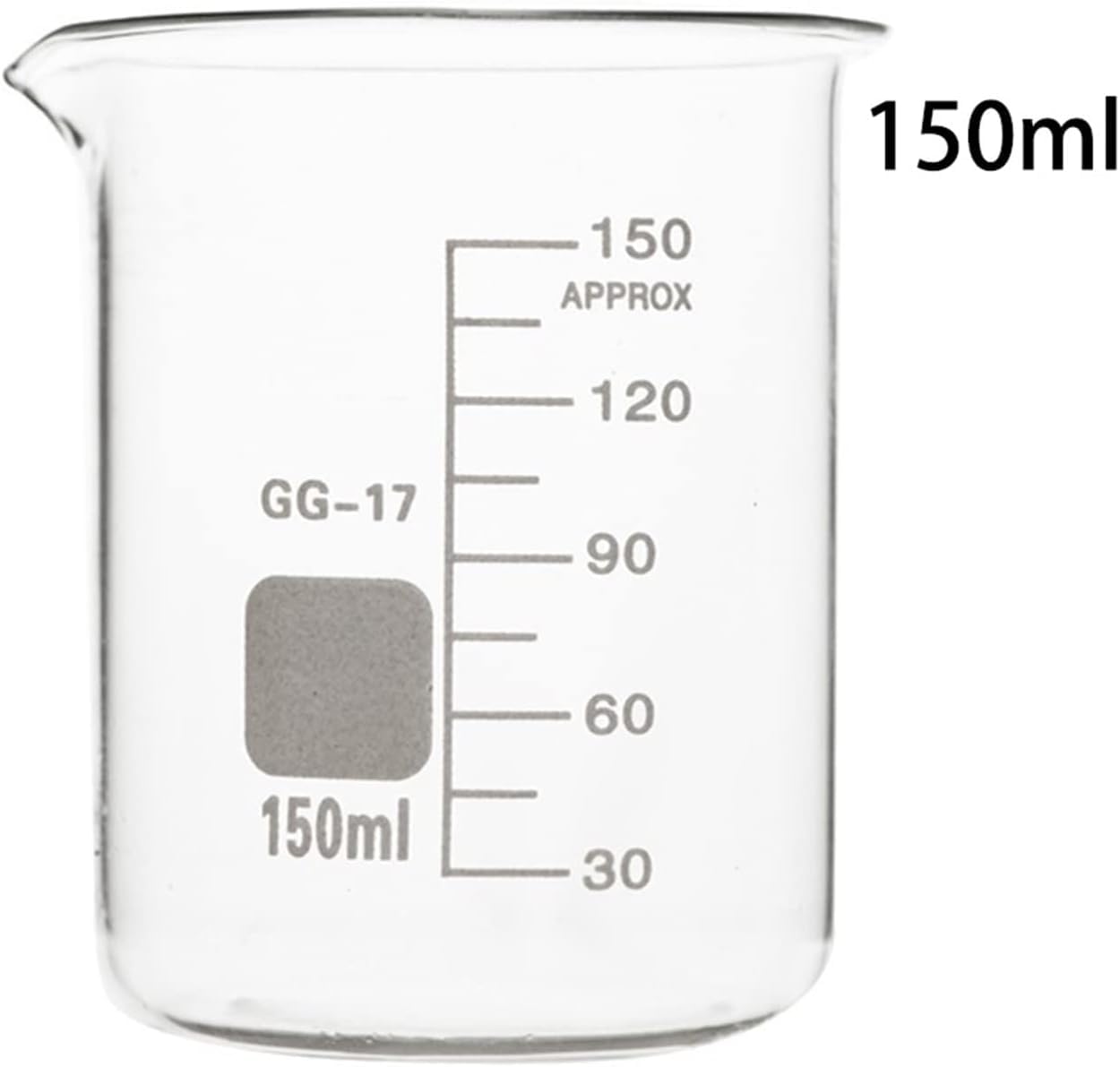 Becher in Vetro da 150 ml con Scala Trasparente, Vetro borosilicato, Vetro Addensato Resistente al Calore, Forma Bassa, misurino da Laboratorio, Confezione da 6