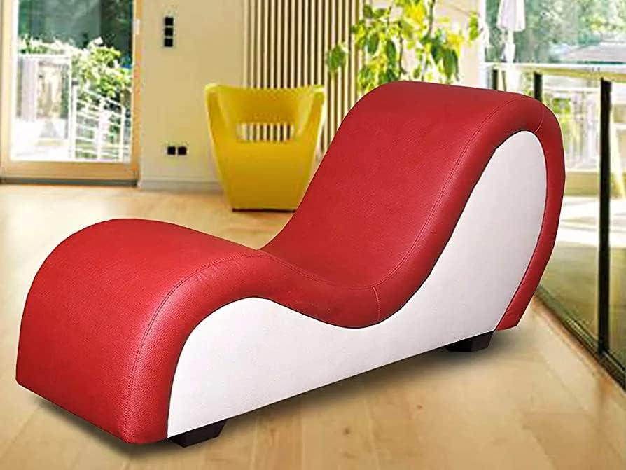 Image of Dime Store Luxury Wooden Frame Fully Leather Tantric Chaise Lounge Sofa - Ergonomic Curved Design for Yoga, Relaxation & Intimacy (Red & White)