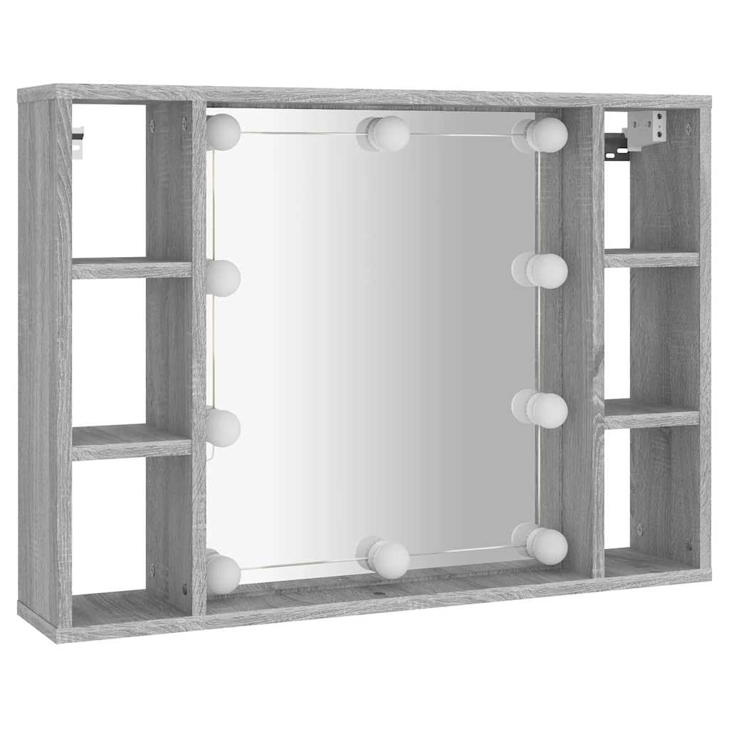 Szafka z lustrem LED Sonoma szara, 76 x 15 x 55 cm, do łazienki i sypialni, z dużą ilością miejsca do przechowywania, montaż ścienny, trwały materiał drewnopochodny, oświetlenie USB