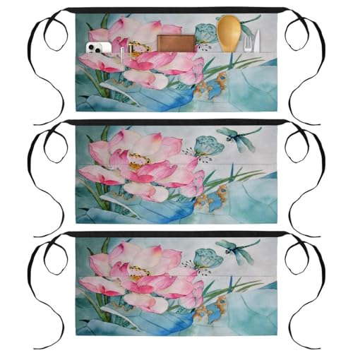 Tablier court de chef lot de 3 avec 3 poches pour cuisine et bistrot motif libellule