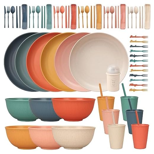 Ensembles de vaisselle incassables de 66 pièces pour 6 personnes, service de table réutilisable, service de table de camping à domicile Assiettes, bols, tasses, couverts, fourchettes en plastique