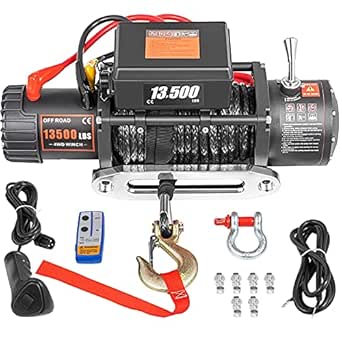 VEVOR Cabestrante Eléctrico 13,500 lbs / 6123.5 kg 12 V, con Cuerda de 24 m, Cabrestante Eléctrico, Polipastos Eléctricos con Control Remoto Inalámbrico (Cuerda de Sintética Resistente)