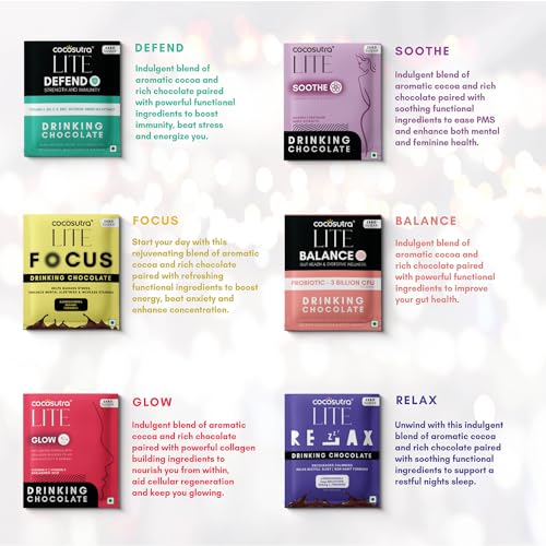 Image of Cocosutra LITE Sugar Free Drinking Chocolate Hamper | 2*6 Single Serve Sachets | 6 Function Based Hot Chocolate Mix | Zero Sugar, Low Carb, Low Calorie |Stevia & Erythritol based |Gift Box|Vegan, 240g