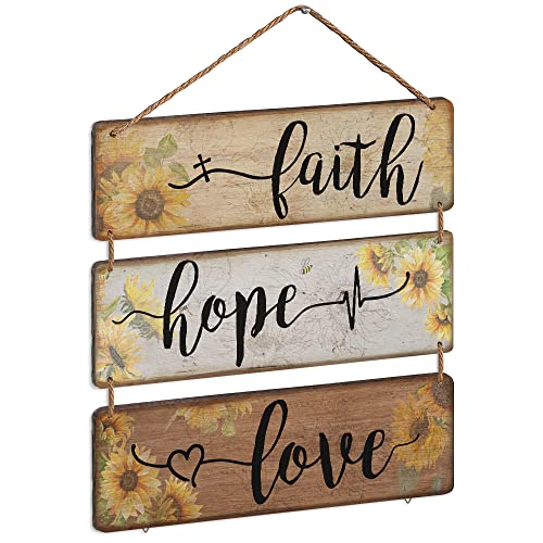 Sonnenblume Wanddekoration Glaube Hoffnung Liebe rustikales Holzschild 3 Stück Bauernhaus hängende Schild für Zuhause Küche Wohnzimmer Schlafzimmer Büro Dekoration 35,6 x 10,2 cm Cover