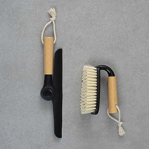 Kit Escova de Limpeza Multiuso com Cabo de Bambu E Rodo de Pia Dobrável com Cabo de Bambu Preto Oiko