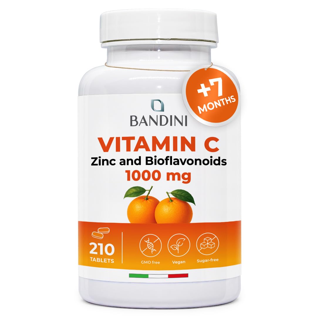 Bandini® Vitamin C 1000mg + Zinc + Bioflavonoids | 1 Tablet per Day | Supports Immune System & Reduces Fatigue | Skin, Bones, Nails, Hair | High Strength Supplement with Pure Vit C | 210 Vegan Tablets