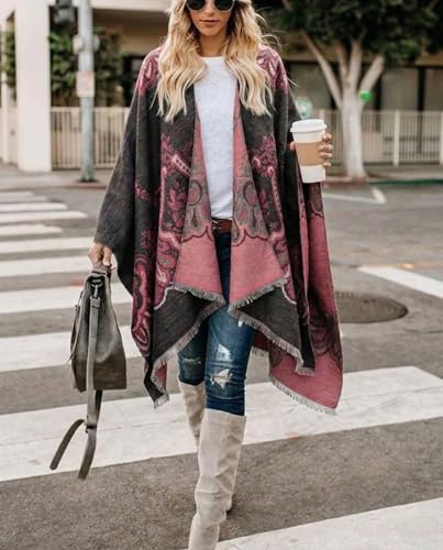 Image of Bestshe Women's Boho Open Front Poncho Plaid Shawl Wrap Cape | Tassel Cardigan Sweater, Cozy Layering, Fall Winter Clothes for Women