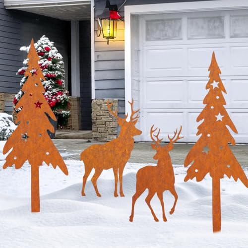 VOPIWOZ Décoration Rouille Noël - 4 Clous de Jardin, Fiches Rouille, Déco Cerf Et Sapin en Métal pour Jardin