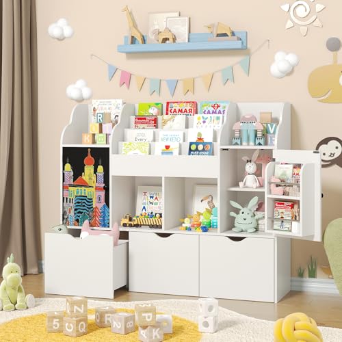 Image of Vabches 47.3'' Kids Bookshelf with Chalkboard, Toy Storage Organizer, 3 Movable Drawers, Boys and Girls Toy Shelf, 4-Tier Children Bookcase for Playroom, Nursery, Bedroom,Living Room (White)