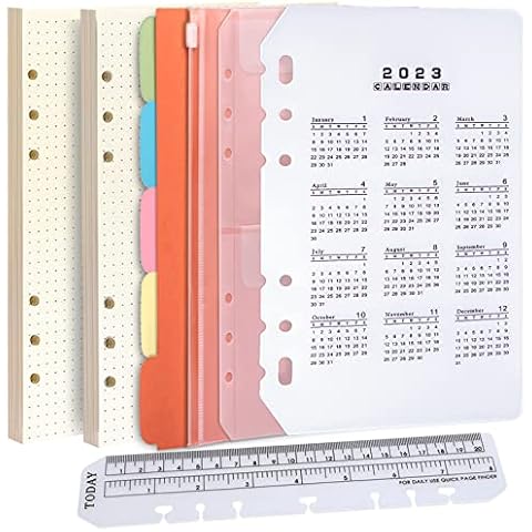 A5 Papier Gepunktete Nachfüllpapier Set, FANDAMEI 6 Löcher A5 Nachfüllbare Notizpapier 90 Blätter, 5 Stücke Farbige Trennblätter A5, A5 Kalender 2023 Trennblatt, 2 Stücke Umschlägbeutel, 20CM Lineal Cover
