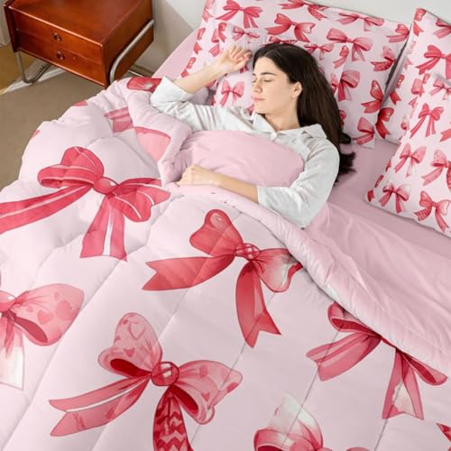 Image of Red Bow Tie Queen Comforter Set with Sheets | Princess Bow 7-Piece Bedding Set Cute Ribbon Bowknot Bed in a Bag, Dreamy Geometric Bowknot Bed Sets,Kawaii Room Decor Aesthetic