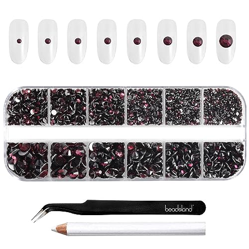Image of Beadsland Rhinestones for Makeup,8 Sizes 2500pcs Burgundy Flatback Rhinestones Face Gems for Nails Crafts with Tweezers and Wax Pencil,Amethyst,SS4-SS30
