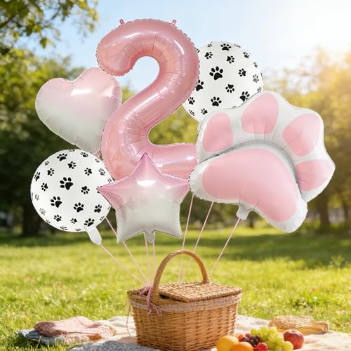 Image of 2nd Birthday Dog Paw Balloons Set,18'' Paw Prints, Heart,Star,Paw Shaped Foil Balloon 40 Inch Pink Number 2 Helium balloons for Puppy Themed Baby Shower Second Birthday Party Decorations Supplies 6PCS