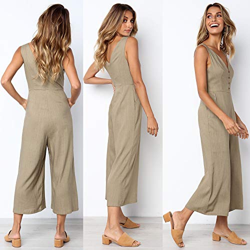 Ecowish Womens Jumpsuits Casual Button Deep V Neck Sleeveless High Waist Wide Leg Jumpsuit Rompers With Pockets 103 Khaki Medium #TOP3
