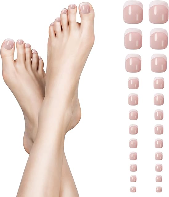 24PCS French False Toenails Tips, Full Cover Short Fake Toe Nails, Stick on Artificial Toenails for Ladies Women Girls Nail Decorations Y5FSJZJ