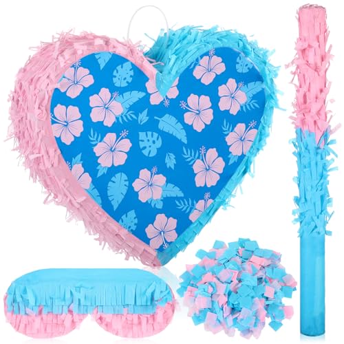 Lunmon Hawaiian Blue and Pink Heart Piata Set Piata Bundle with Blindfold and Confetti Cartoon Hibiscus Hawaii Heart Piata Luau Party Decor for Cartoon Birthday Tropical Hawaiian Party Decorations