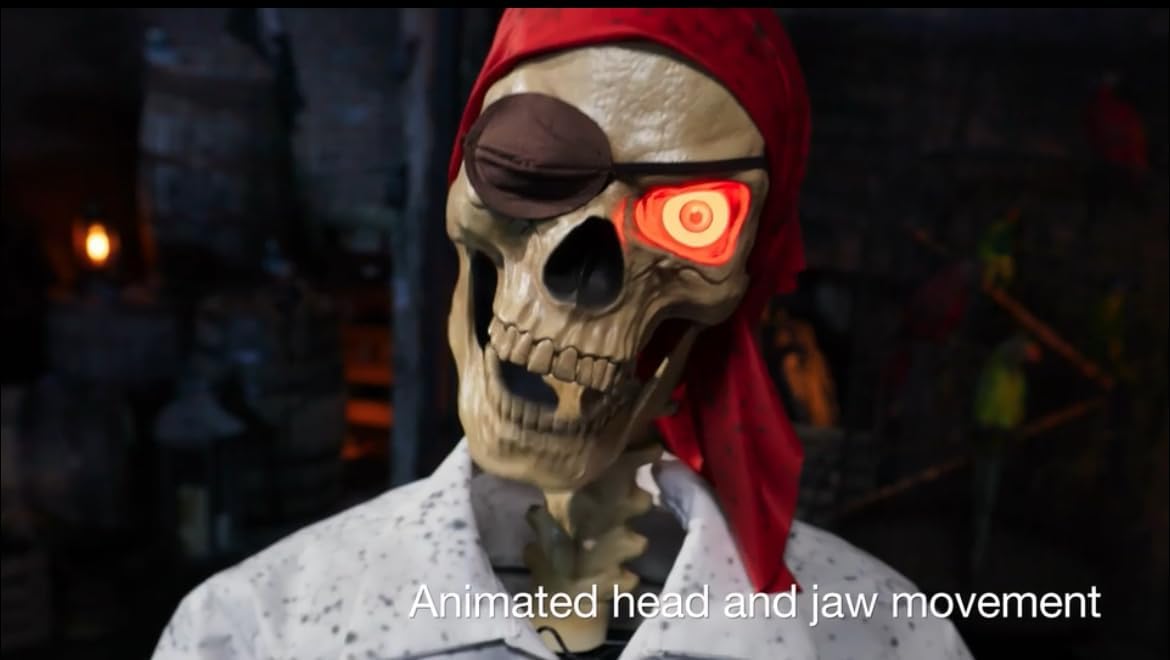 Close-up of the pirate skeleton's head showing animated head and jaw movement