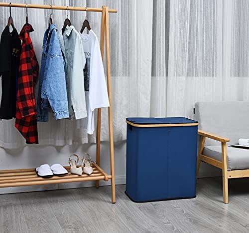 ALINK 107L Divided Foldable Bamboo & Canvas Laundry Basket with Lid and Handles, Tall Double Collapsible Large Laundry Hamper-Waterproof Liner, Great for Adults, Bedroom, Bathroom, Navy