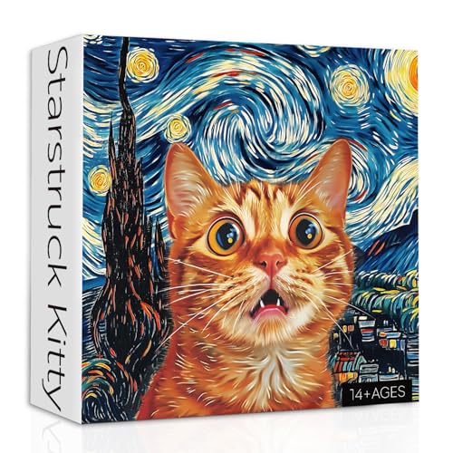 Cat Puzzles for Adults 1000 Pieces, Starry Night Aesthetic Jigsaw Puzzles, Funny Kitten Animal Landscape Scenic Puzzle as Home Decor miniatura 1