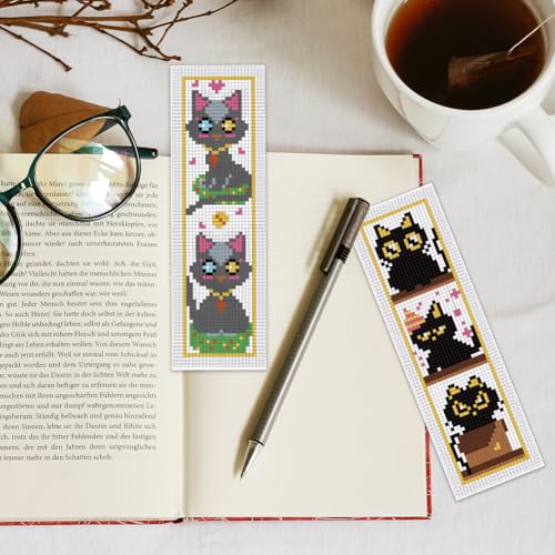 Image of INFUNLY 6 Set Cat Cross Stitch Bookmark Kits Carton Kitten DIY Cross Stitch Kit for Beginners Black Cat Stamped Embroidery Bookmark Kit with Backing Felt Floss Instruction for Starters Book Lovers