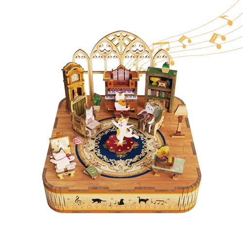 Image of Tonecheer Wooden Music Box Puzzle for Adults,DIY Rotating Music Box Kit 3D Creative Musical Puzzle Crafts Model Building Kits Desk Decor for Teens Kids Birthday Gift (Cats Family)