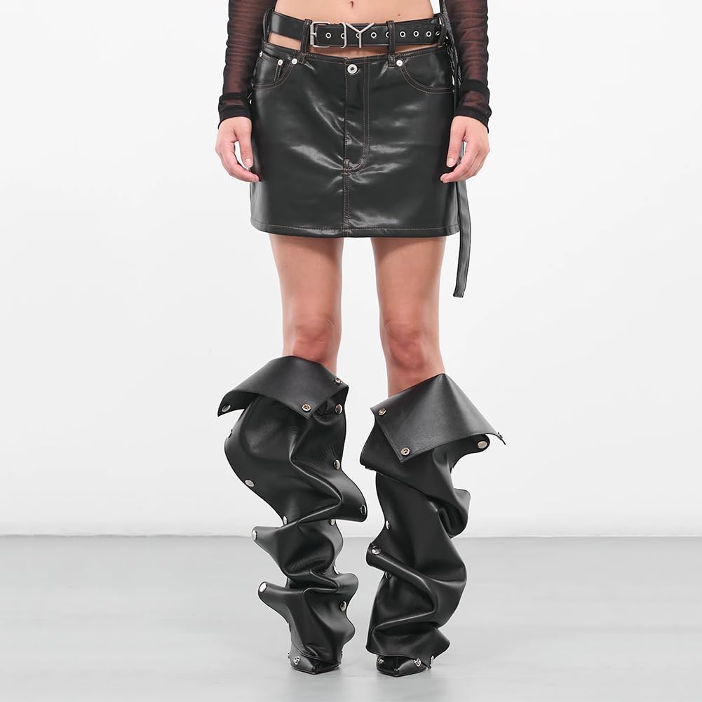 VOMIRA Women's Knee High Boots Stiletto Boots Pointed Toe High Heels Wide Calf Ruched Slouchy Boots Detachable Snap-off Panel Mid Calf Boots Black Boots