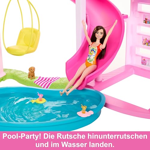 Barbie Traumvilla, 3-stöckiges Barbie-Haus mit 10 Spielbereichen inklusive Pool, Rutsche, Aufzug, 75 Puppen-Accessoires, Spielzeug-Welpe, Spielzeug für Kinder ab 3 Jahre, HMX10
