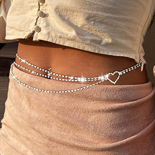 Flosy Layered Rhinestones Heart Waist Chain Crystal Body Chain Belly Chains Belt Summer Beach Costume Jewelry Adjustable for Women and Girls (Silver 1)