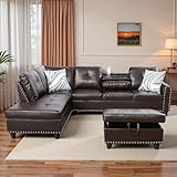 Trygoal L-Shaped Sectional Sofa with Movable Chaise & Storage Ottoman, Leather 3-Piece Modular Convertible Couches for Living Room, Apartment & Office, Brown
