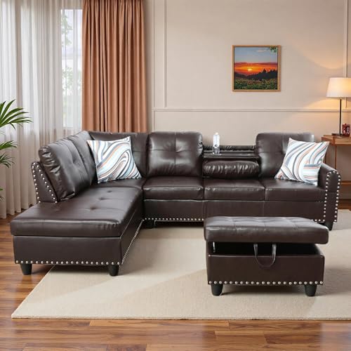 Trygoal L-Shaped Sectional Sofa with Movable Chaise & Storage Ottoman, Leather 3-Piece Modular Convertible Couches for Living Room, Apartment & Office, Brown