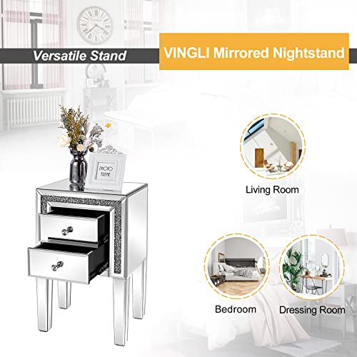 Image of VINGLI Mirrored Nightstand Set of 2 Silver Glass Sofa /Couch Side Tables Bedroom End Tables with Storage, 24.8 inch Tall